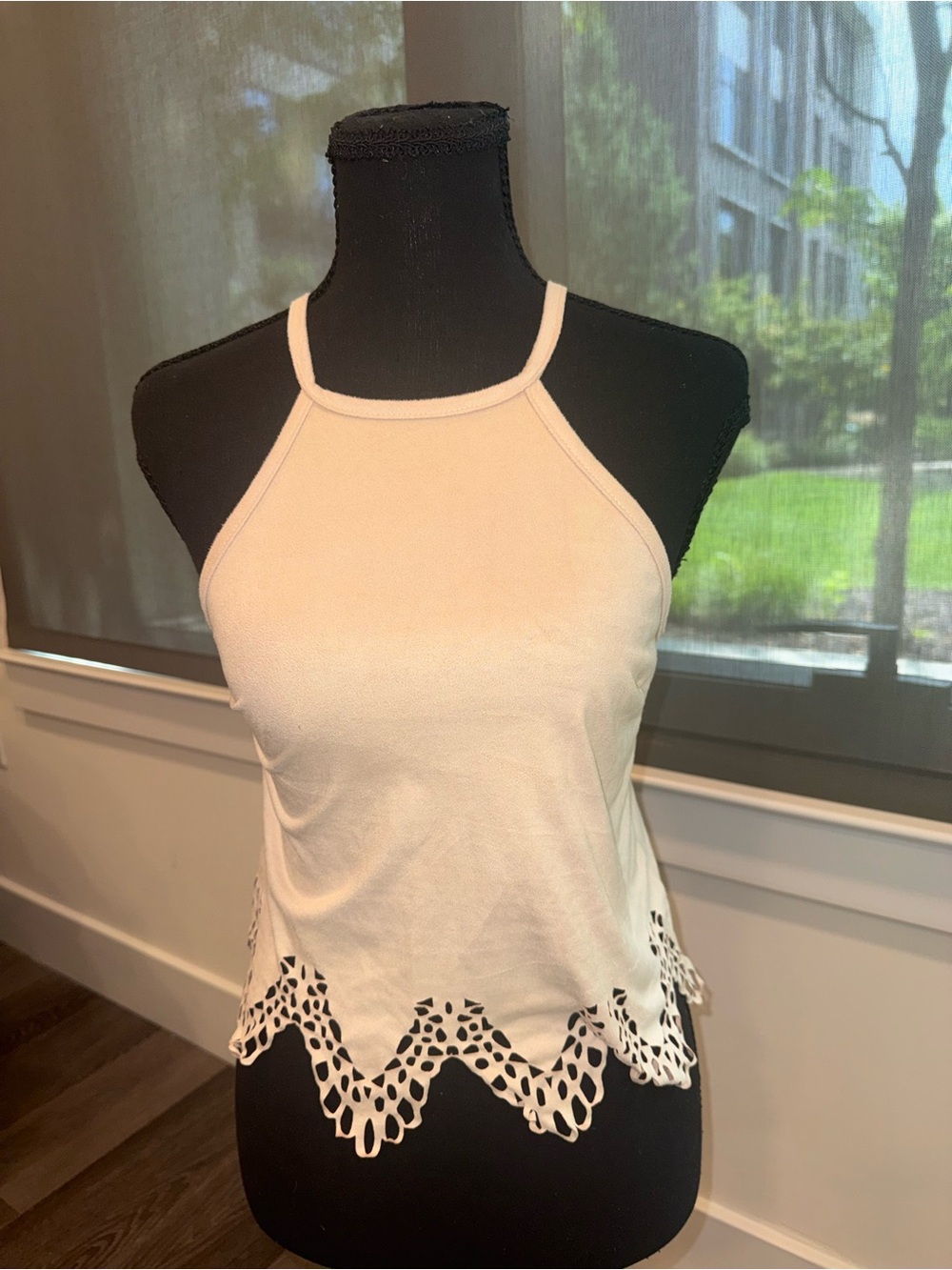 Charlotte Russe Cream Halter Tank with Eyelet Scallop Hem